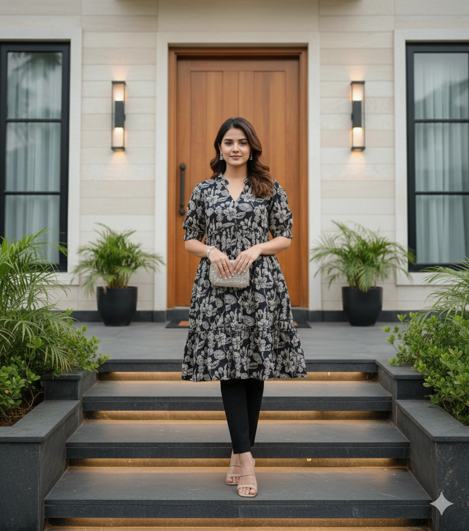 Black base with beige floral print